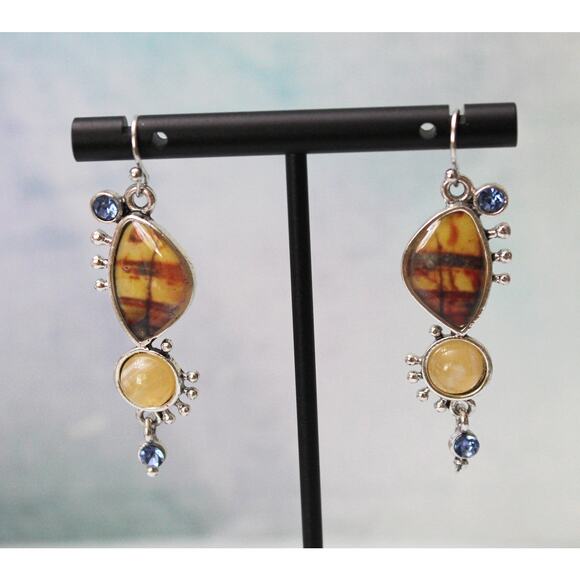 Unique Sterling Silver 925 Earrings with Cabochons, Enamel and Rhinestones E147 - Picture 1 of 3